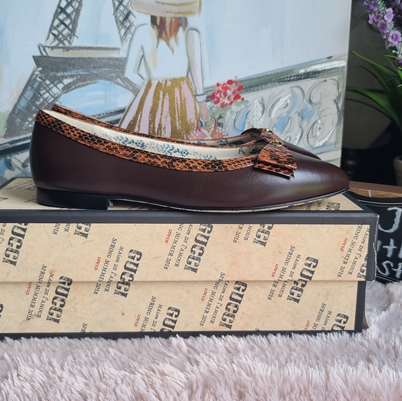 GUCCI Malaga Kid Elaphe Radiata Yva Leather GG Ballet with Snakeskin Bow - Picture 13 of 16